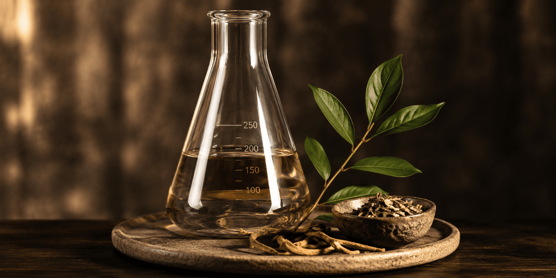 Laboratory flask with botanical extract