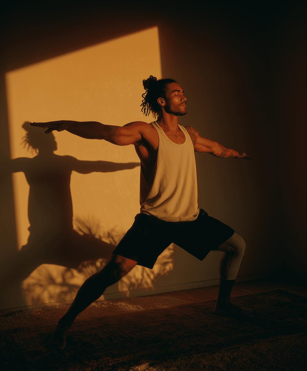 Man in warrior yoga pose with warm sunlight
