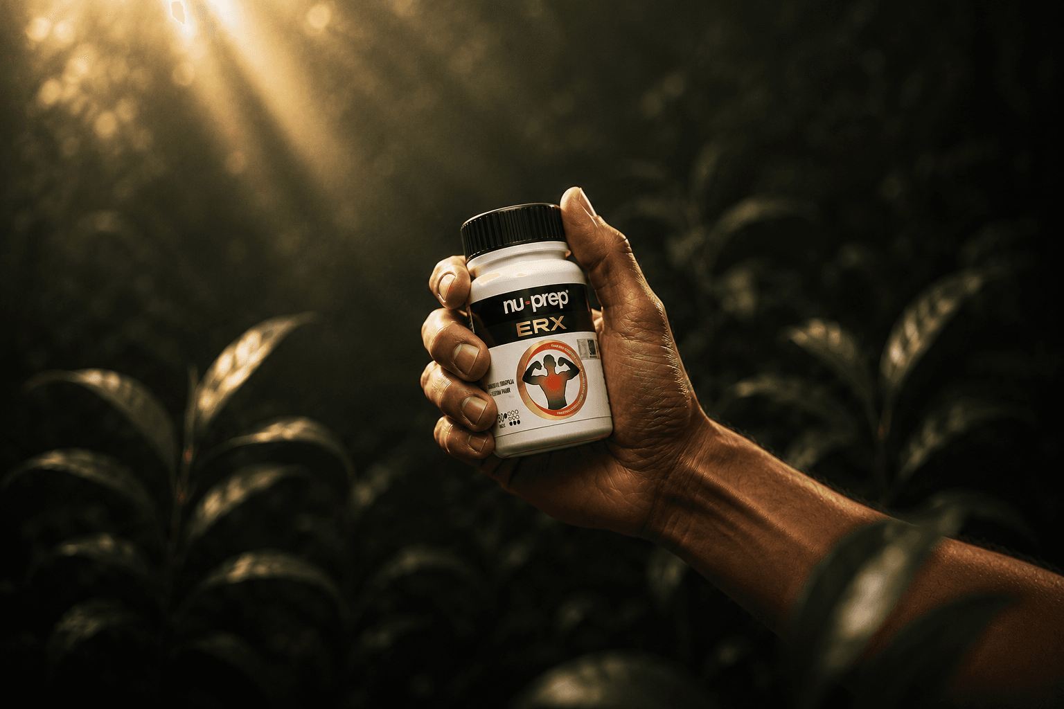 Hand holding a Nu-Prep ERX bottle amid sunlit green foliage